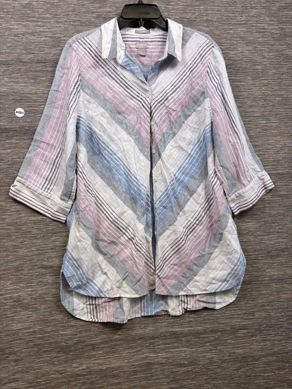 Chico’s 100% Linen Striped Button Shirt Womens 3 US 16 Blue Pink Tunic Top Boho